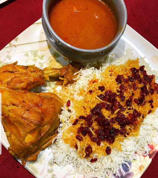 Zereshk Polo ba Morgh (Saffron Chicken with Barberry Rice)